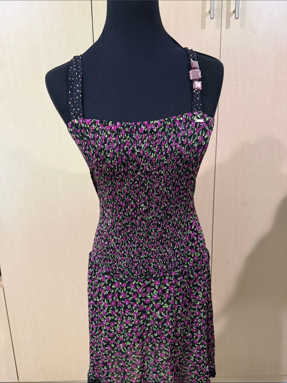 Liu Jo Black Mini Dress with Pink and Green Floral Print